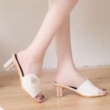 2019 summer new slippers women's shoes PU waterproof platform metal decorative rhinestone thick with heel (shoes 54)