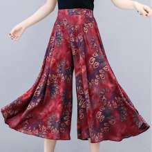 2019 summer new high waist loose thin nine points printed wide leg pants large size leg pants tide i113 (pants 5)