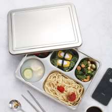 Direct selling 304 stainless steel lunch box to deepen and thicken the grid fast food plate square with lid student canteen delivery meal box. Lunch box. Lunch box. Bento box